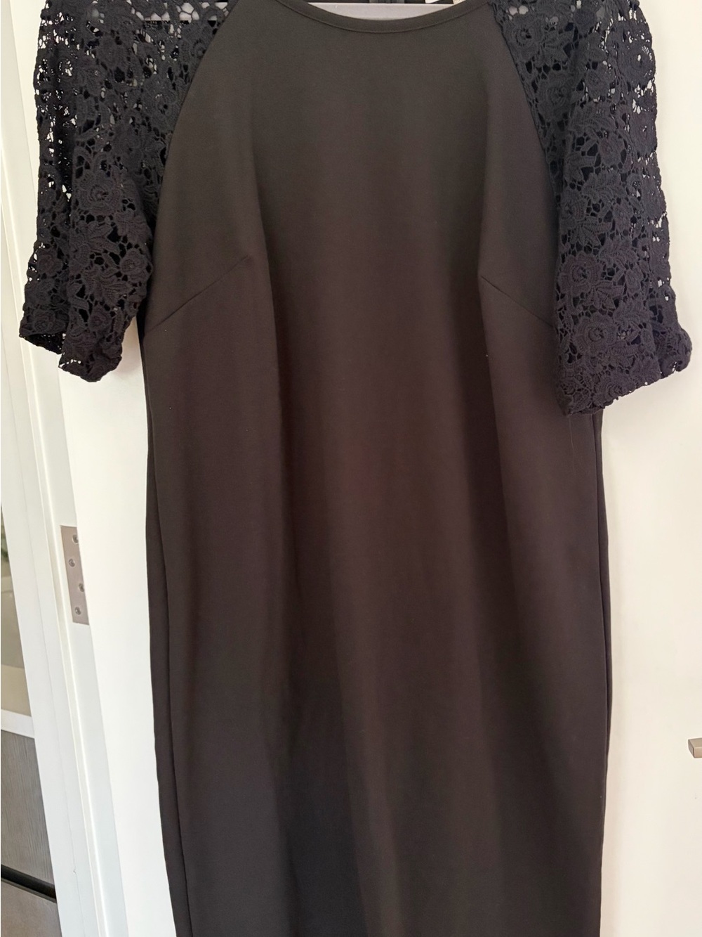 Calvin Klein Black Midi Dress with Lace Short Sleeves and Shoulders